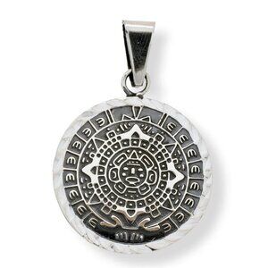 Sterling Silver 925 Oxidized Diamond Cut Flat Aztec Mayan Calendar Pendant
